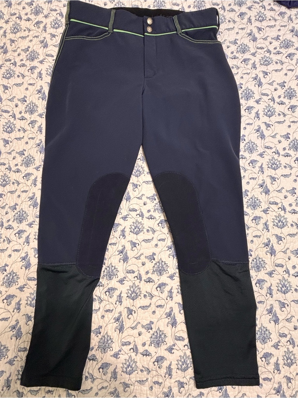 Irideon womens size 32 Equestrian riding pants breeches Navy green stitch fleece